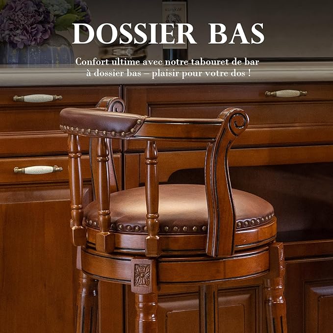 Cow top Leather Wooden Bar Stools, 360 Degree Swivel Bar Height Chair - Image 5