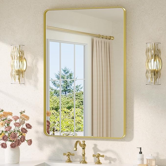 TETOTE Gold Mirror Bathroom 24 x 36 Brushed Gold Metal Framed Vanity Mirror by TETOTE