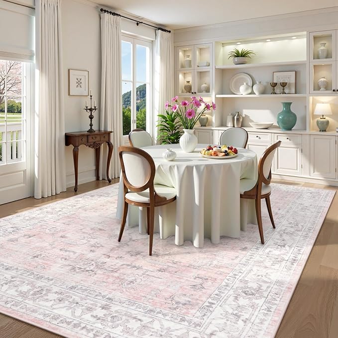 LIVEBOX Pink 9x12 Area Rug for Bedroom Girls, Boho Washable Rugs for Living - Image 2