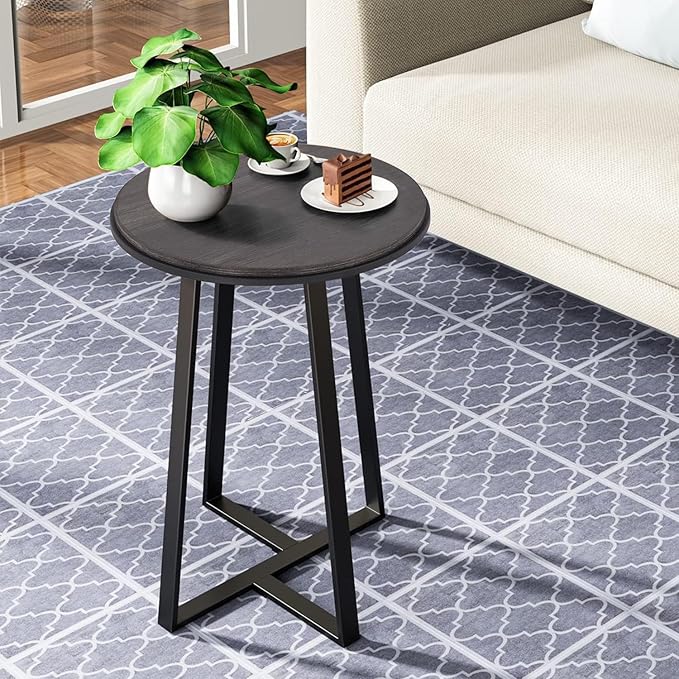 Round End Table, Small Side Table Grey Color MDF Top, Metal Frame Black - Image 4