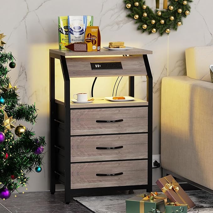 End Table with 3 Drawers, Night Stand with Charger Station and LED Lights - Image 5