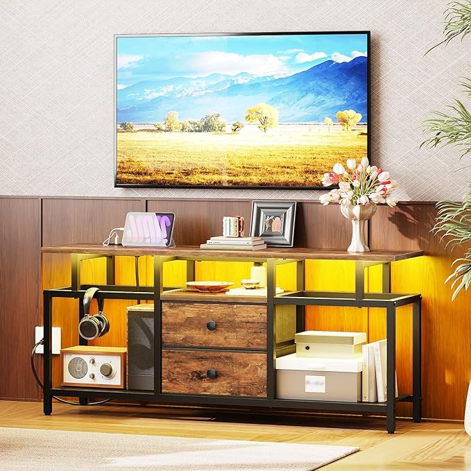 TV Stand with LED Light and Power Outlets, Entertainment Center with Fabric - Image 3