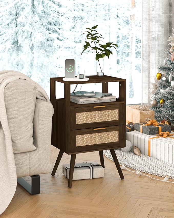 Rattan Nightstand with Charging Station, Modern Bedside Table with 2 Storage - Image 6