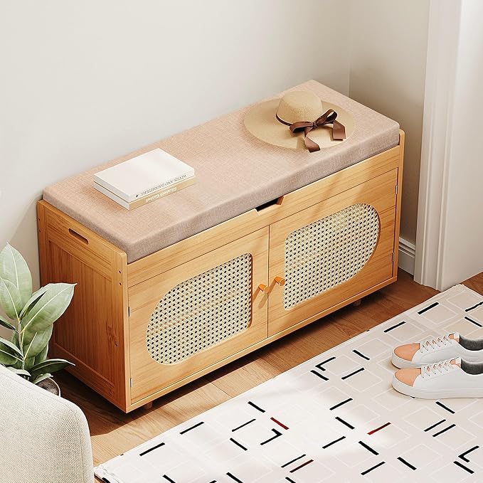 Rattan Shoe Storage Bench, Bamboo Entryway Bench, 2-Tier Shoe Rack, 35.4" W x - Image 9