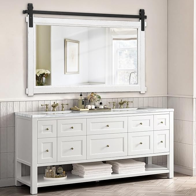 Bathroom Barn Door Mirror: 42"x28" White Farmhouse Wood Frame - Image 3