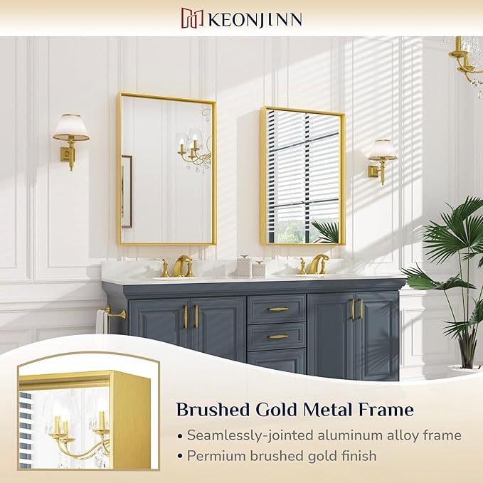 Keonjinn 24 x 36 Inch Brushed Gold Bathroom Mirror Gold Wall Mounted Vanity - Image 6