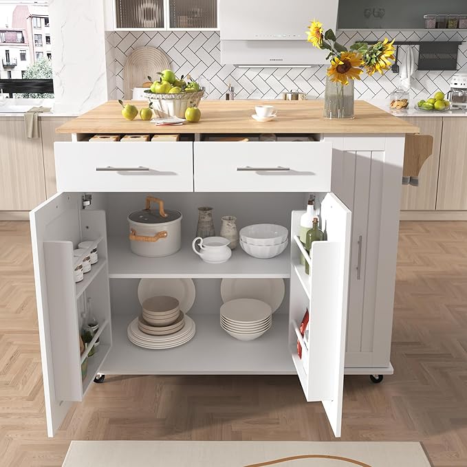 46" Kitchen Island with Drop Leaf, Kitchen Storage Cart W/ 3 Tier Pull Out by Unknown
