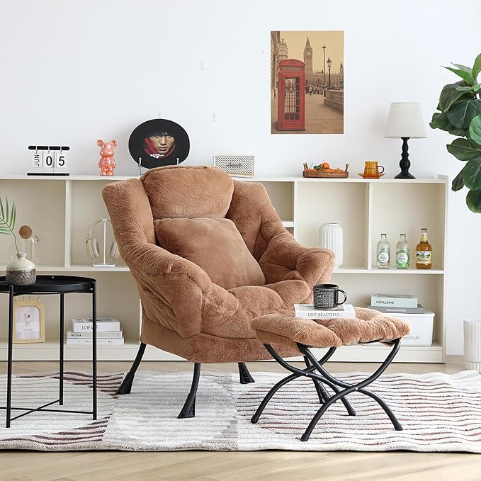 Lazy Chair with Ottoman, Comfy Reading Lounge Chair with Footstool & Throw - Image 2