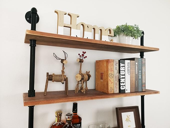 7 Tier Industrial Wall Mounted Ladder Shelf Bookcase, Rustic Wood Metal Pipe - Image 4