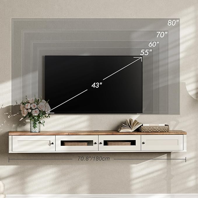 WAMPAT Floating TV Stand for TVs up to 80 Inches, Wooden Wall-Mounted TV Shelf - Image 3