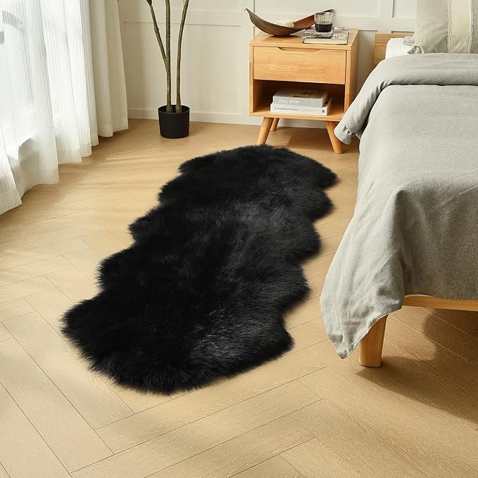duduta Black Faux Sheepskin Runner Rugs 2x6 ft, Fluffy Shag Bedroom Rug Fur - Image 2