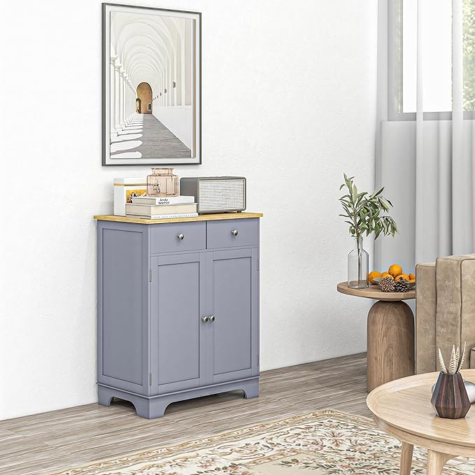 HOMCOM Sideboard with Solid Wood Countertop, Modern Kitchen Storage Cabinet - Image 2