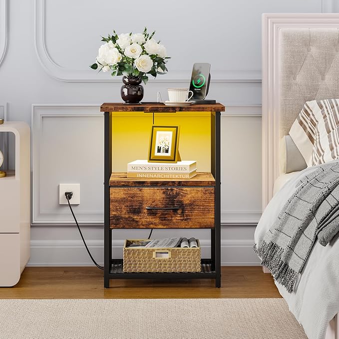 Fixwal Night Stand with Charging Station, LED Nightstand with Fabric Drawers - Image 8