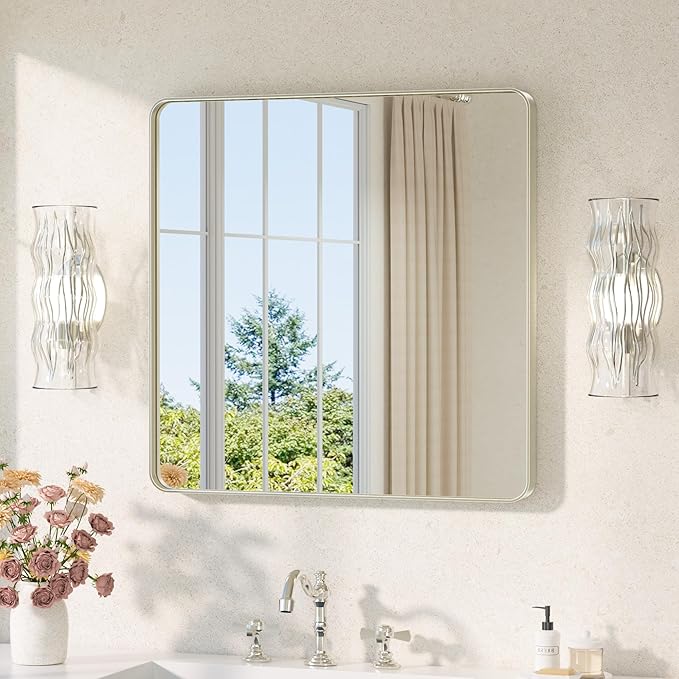 TETOTE Brushed Nickel Bathroom Mirror 30 x 30 Brushed Nickel Metal Framed by TETOTE