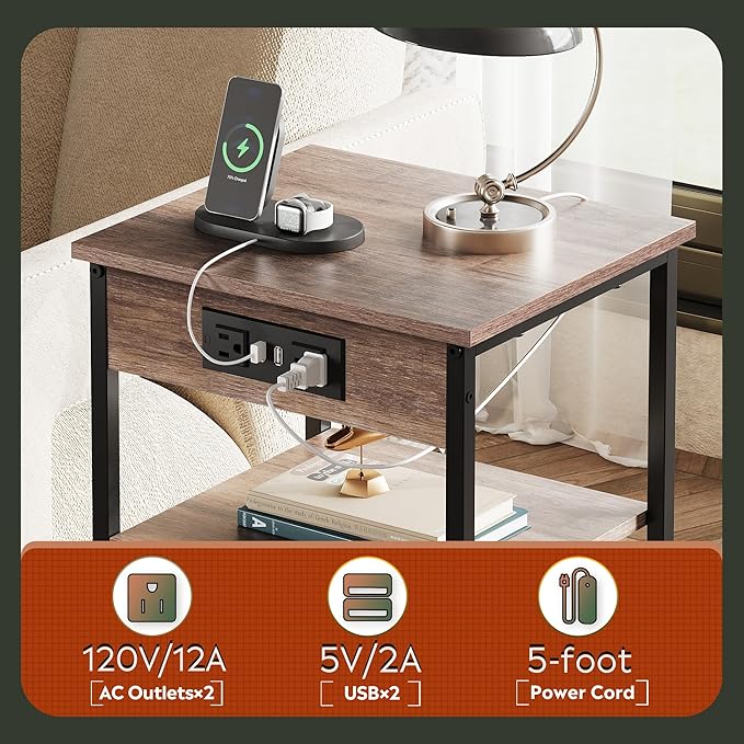 WLIVE Side Table with Charging Station and USB Ports, Small End Tables - Image 6