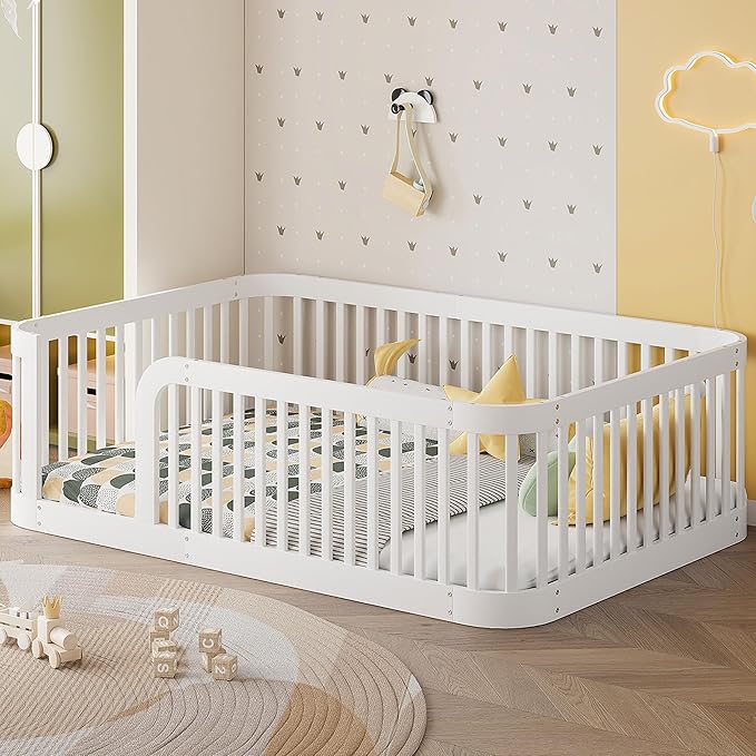 Full Floor Bed with High Fence and Rounded Corner Design, Montessori Floor Bed by Bellemave
