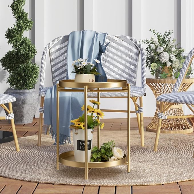 TeoKJ 2 Tier Gold Side Table, Folding Round Metal End Table Small Nightstand - Image 6