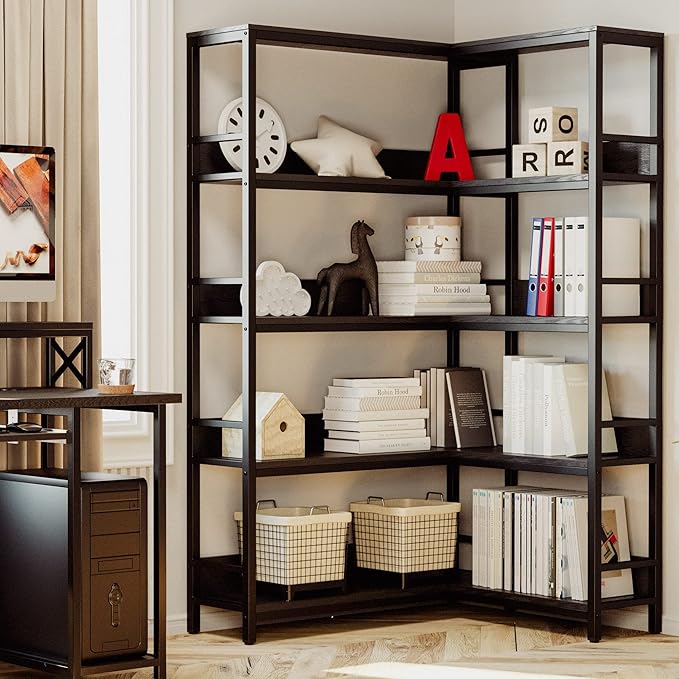 IRONCK Industrial Bookshelves 5 Tiers Corner Bookcases - Image 2