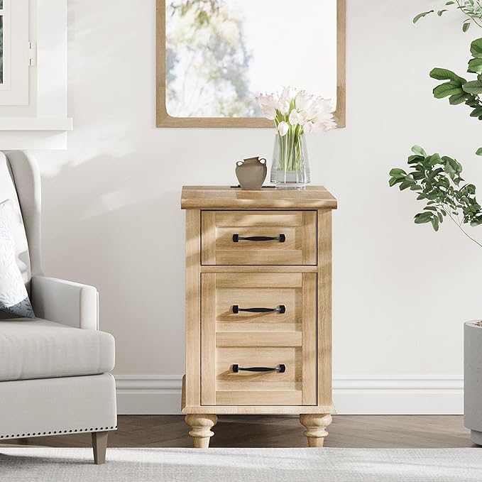 WAMPAT End Table with Charging Station, Wood Side Table with Drawer and Storage - Image 3
