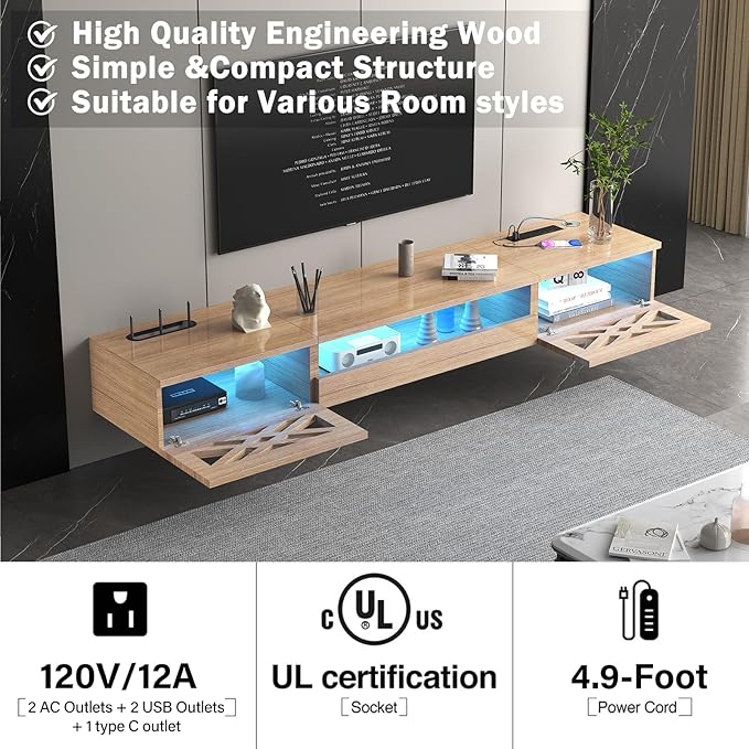 Floating TV Stand, Floating Wall Mounted TV Shelf Modern High Gloss tv Cabinet - Image 7