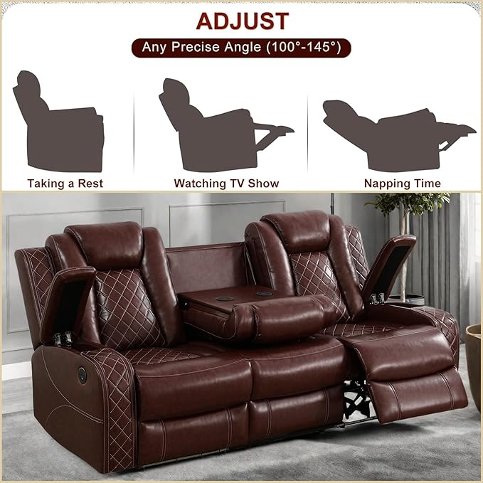 Leather Recliner Sofa Couch, 3-Seater Home Theater Seating Reclining Sofa - Image 5