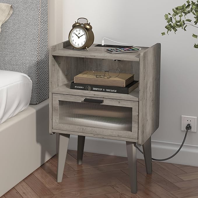 Nightstand with Charging Station, Bedside Tables Oak Grey End Table Side Table - Image 2