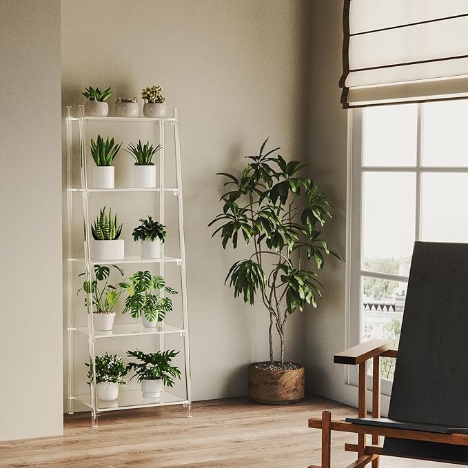 Acrylic Ladder Bookshelf, 13.8" D x 20.5" W x 59" H, 5-Tier Tall Clear Bookcase - Image 7