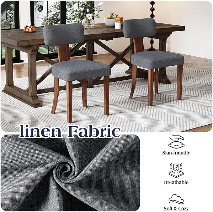Mid Century Modern Dining Chairs Set of 2, Linen Upholstered Kitchen Chairs - Image 5