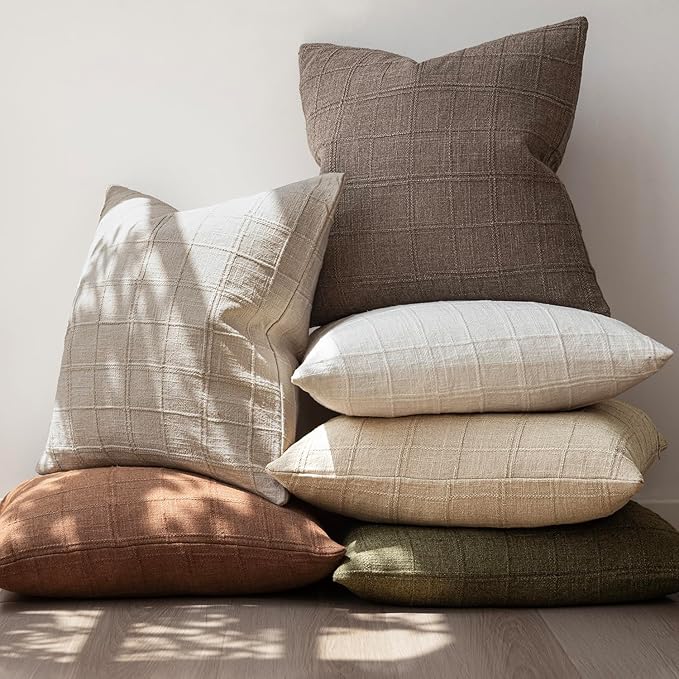 Foindtower Set of 2 Decorative Linen Check Throw Pillow Covers Neutral - Image 7