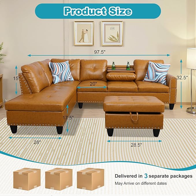 L Shaped Couch PU Leather Sectional Couch Upholstered 3 Pieces Sofas - Image 2
