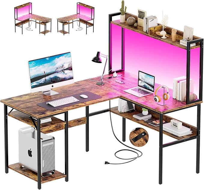 L Shaped Computer Desk with Hutch and Storage Shelves, Gaming Desk with LED by Hyomdeck