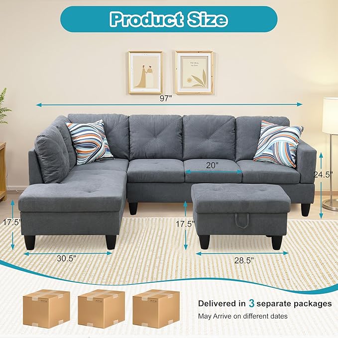 L Shaped Couch Modern Sectional Couch Upholstered Flannelette Fabric 3 Pieces - Image 2