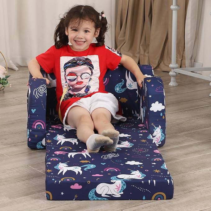 Rainbow Unicorn Kids Sofa, 2-in-1 Kids Couch Fold Out, Convertible Sofa to Bed - Image 4