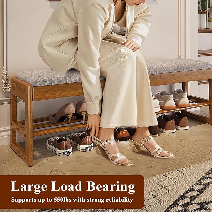 Shoe Rack Bench with Cotton-Linen Cushion 2-Tier Wooden Storage Bench 550lbs - Image 5