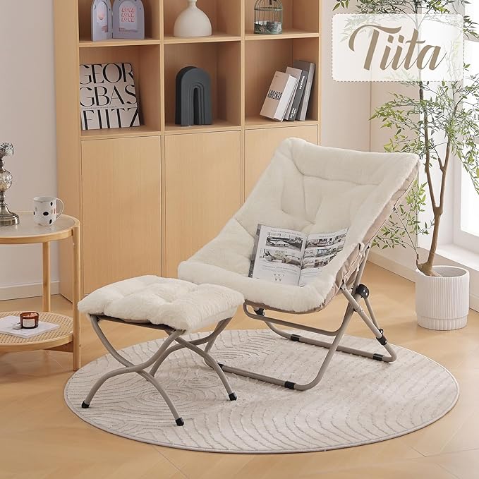 Tiita Folded Chair with Ottoman, Soft Faux Fur Oversized Folding Accent Chair - Image 6
