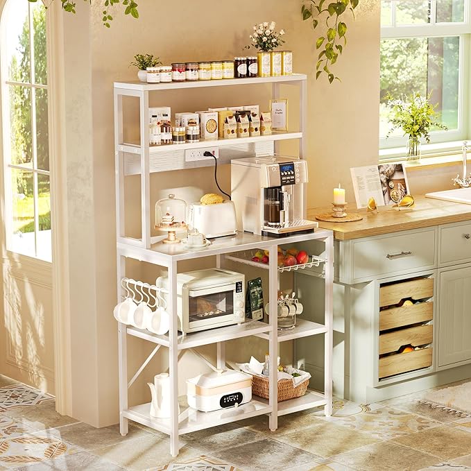 SUPERJARE Bakers Rack with Power Outlet, 35.4 Inches Coffee Bar with Wire Basket - Image 2