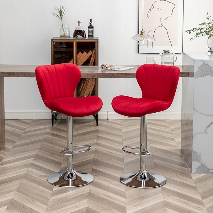 Roundhill Furniture Ellston Velvet Adjustable Swivel Barstools in Red - Image 5