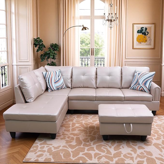 L-Shaped Sectional Sofa with Ottoman, Right-Facing Leather Modern Couch with by GlasFlength