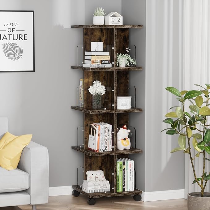 VECELO 4-Tier Rotating Bookshelf, Modern Swivel Bookcase - Image 5