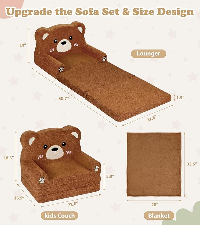 Kids Couch, 2-in-1 Soft Toddler Couch Fold Out - Image 3