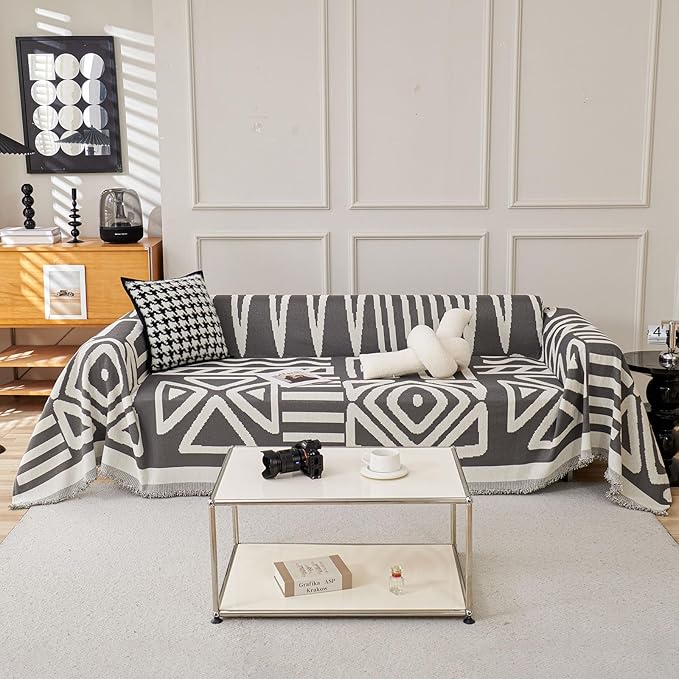 STACYPIK Boho Geometric Dark Grey Chenille Sofa Cover by STACYPIK