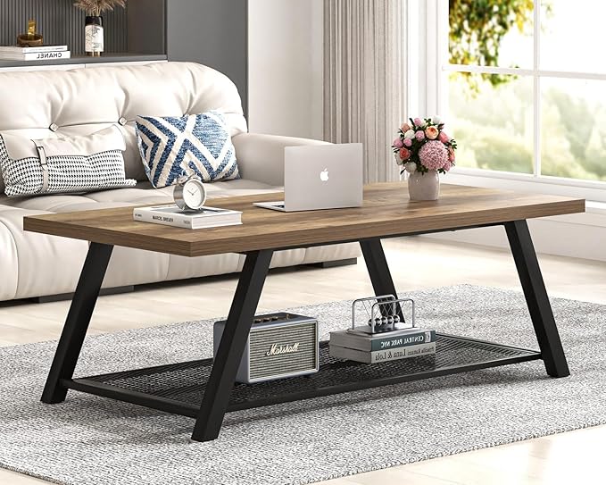FOLUBAN Coffee Table, Modern Rustic Wood and Metal Center Table - Image 6