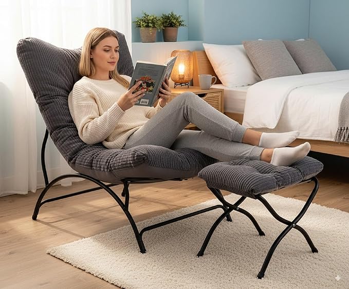 Welnow Accent Chair with Ottoman, Lounge Comfy Soft Leisure Metal Frame Reading - Image 2
