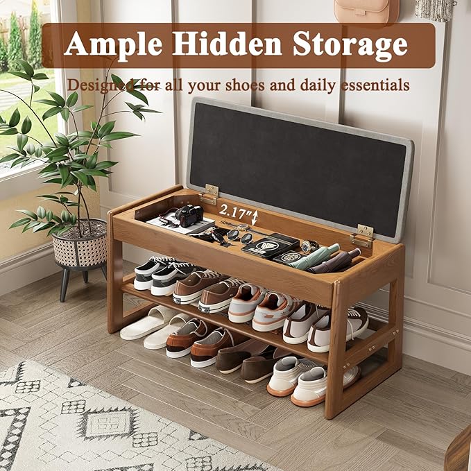Shoe Rack Bench with Cotton-Linen Cushion 2-Tier Wooden Storage Bench 550lbs - Image 3