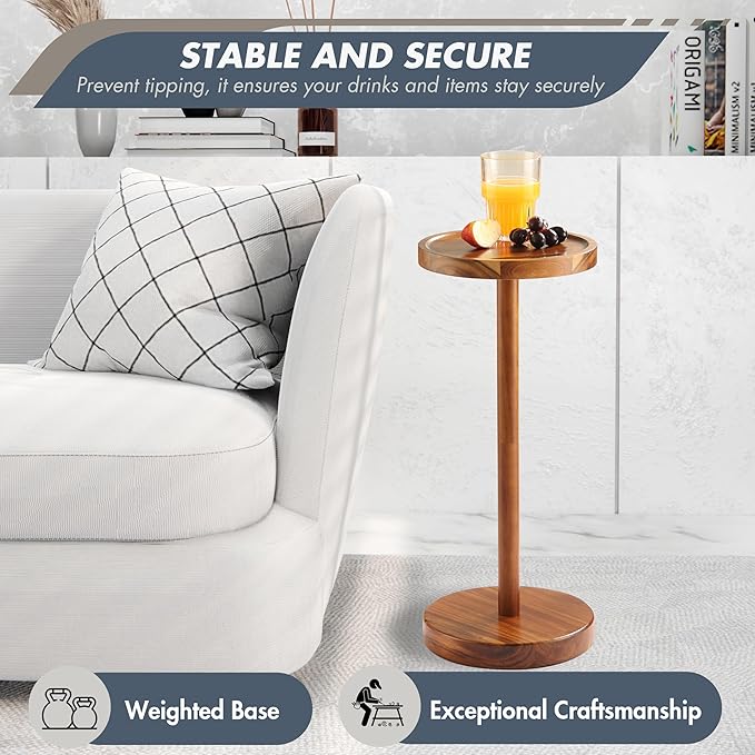 Pedestal Side Table, Acacia Drink Table - Image 4