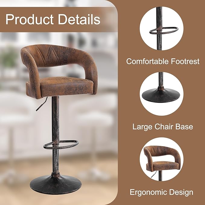 VECELO Bar Stools Set of 2 Adjustable Swivel Modern Pu Leather Barstools - Image 5