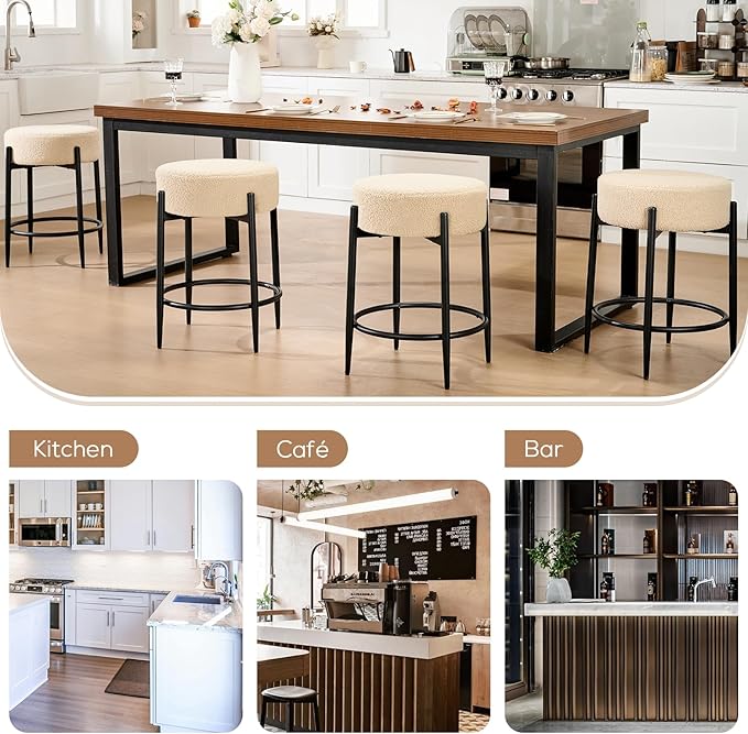 Dining Room Chairs Set of 8, 23.6" Sherpa Backless Beige Boucle Dining Chair - Image 6