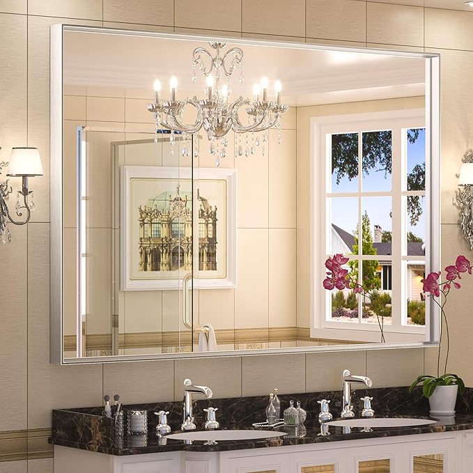Keonjinn Silver Bathroom Mirror 60” x 40” Large Wall Rectangle Mirror by Keonjinn