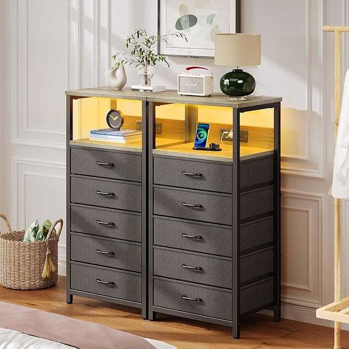 Seventable Night Stand with Charging Station, Tall Nightstand with 5 Fabric - Image 7