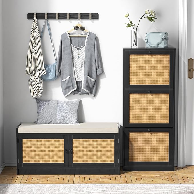 Rattan Shoe Cabinet 3-Tier, Narrow Shoe Cabinet - Image 7